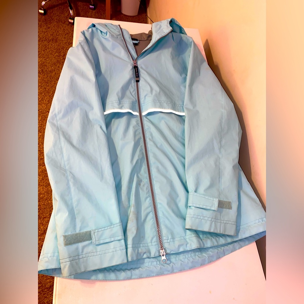 Blue Charles river rain coat